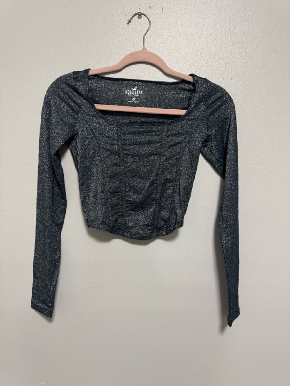 Hollister Shimmery Black Long-Sleeve Ruched Crop Top